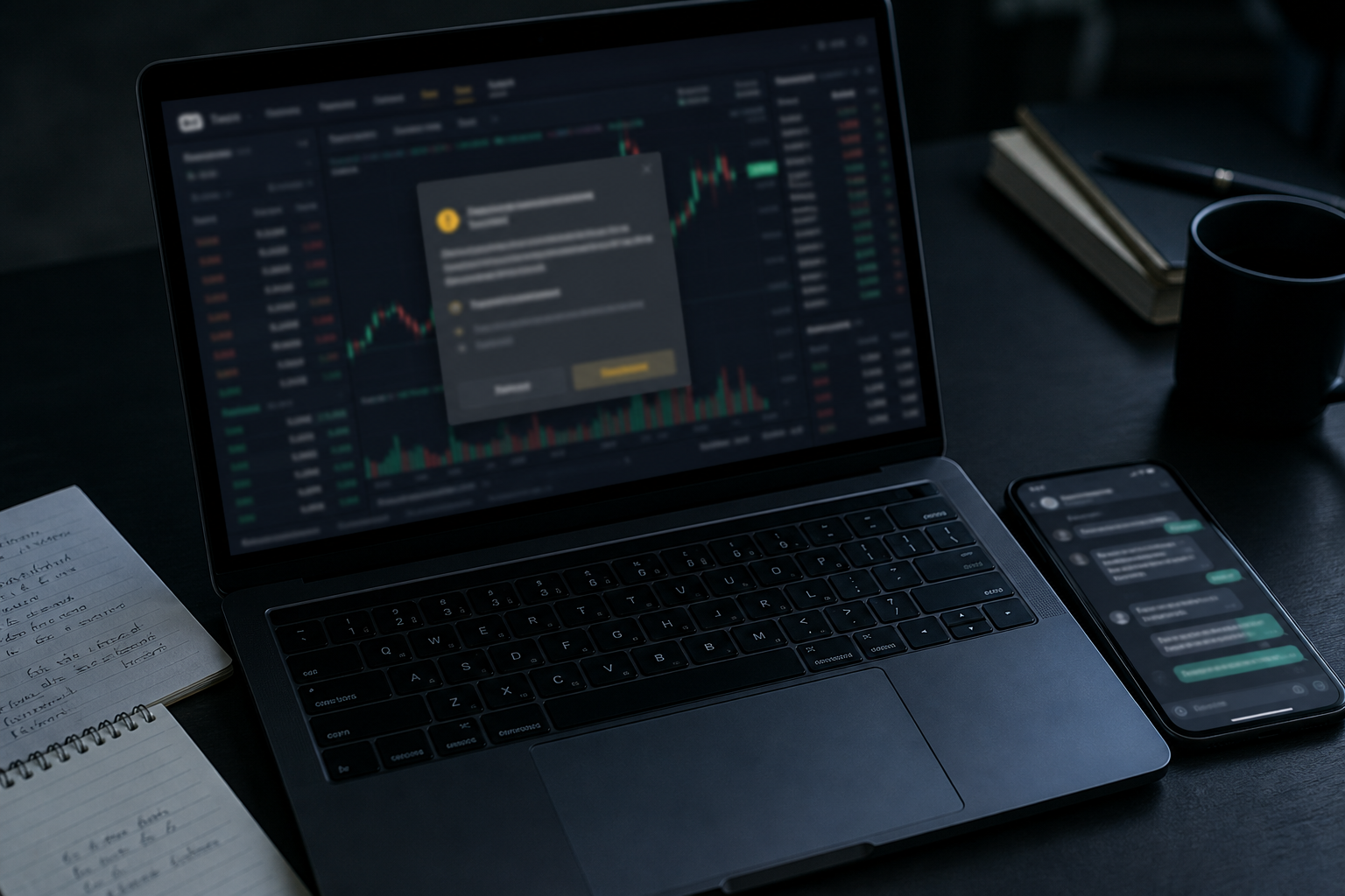 Laptop with a checklist and a phone showing an address bar on a dark desk, representing exchange due diligence before a deposit