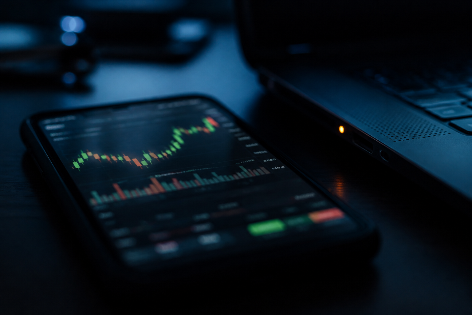 Laptop with recruiter chat and a phone showing a fake work dashboard on a dark desk, representing a crypto job scam