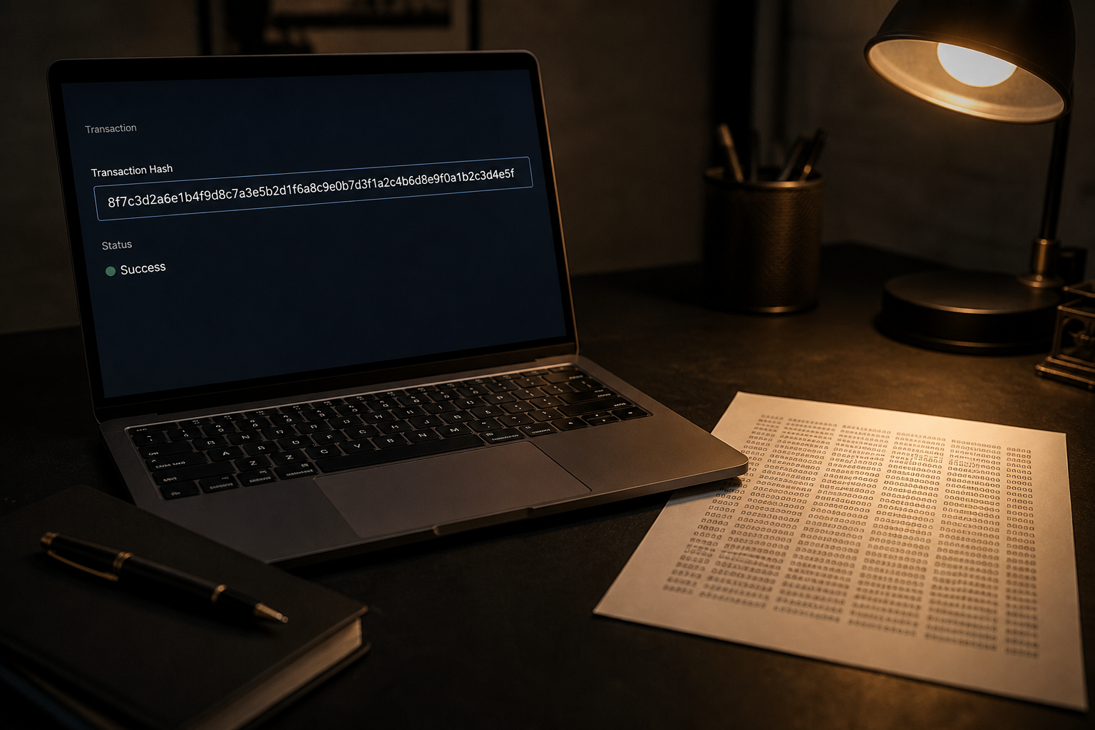 A laptop displaying a transaction hash beside a notebook on a dark desk, representing a TxID as a transfer receipt