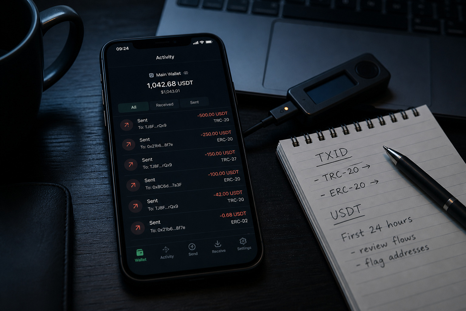 Телефон с исходящими переводами USDT и блокнот с TXID на тёмном столе — первые сутки после кражи