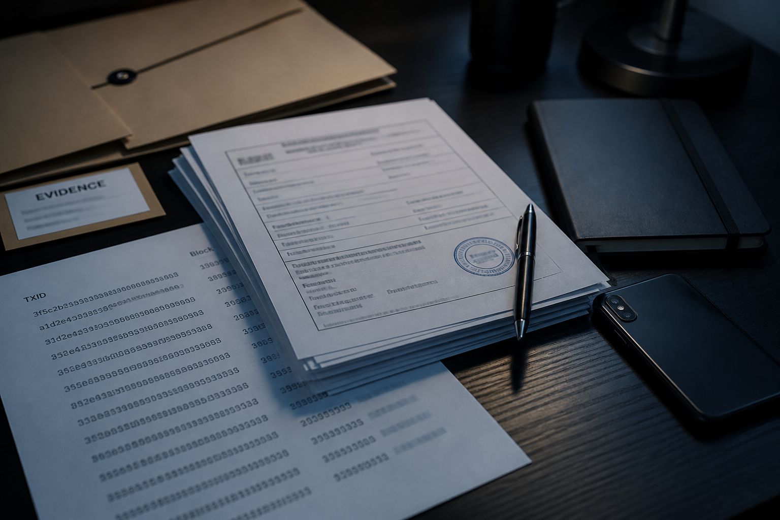 A stamp, a case file, and printed addresses on a dark desk, representing crypto treated as property versus AML and issuer blacklist